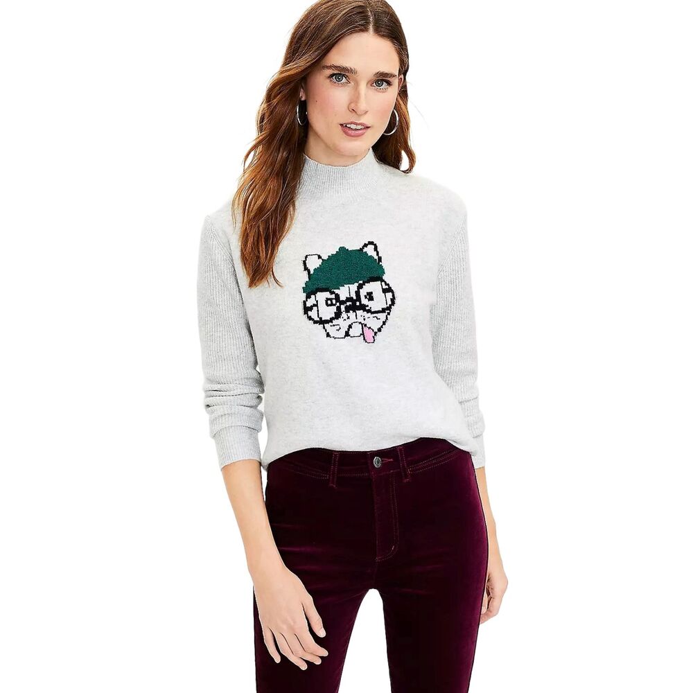 NWT LOFT French Bulldog Turtleneck Sweater Grey Green Cotton-Blend Size XS